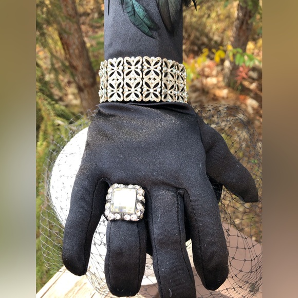 Handcrafted Lady Thing Headpiece Hat Black Satin Glove Feather Rhinestone Jewels main image 14